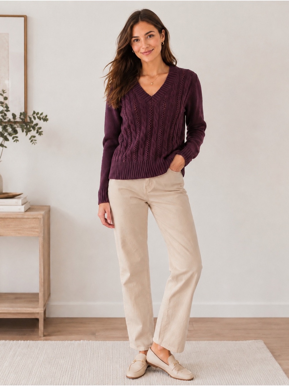 Calvin Klein Jeans Women’s L Plum Cable Knit V-Neck Sweater 100% Cotton